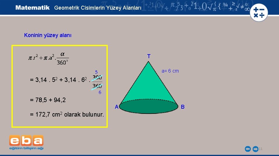 Geometrik Cisimlerin Yüzey Alanları Koninin yüzey alanı T a= 6 cm 5 = 3,