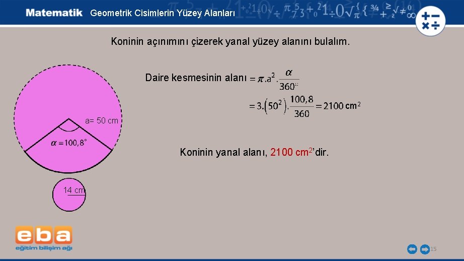 Geometrik Cisimlerin Yüzey Alanları Koninin açınımını çizerek yanal yüzey alanını bulalım. Daire kesmesinin alanı