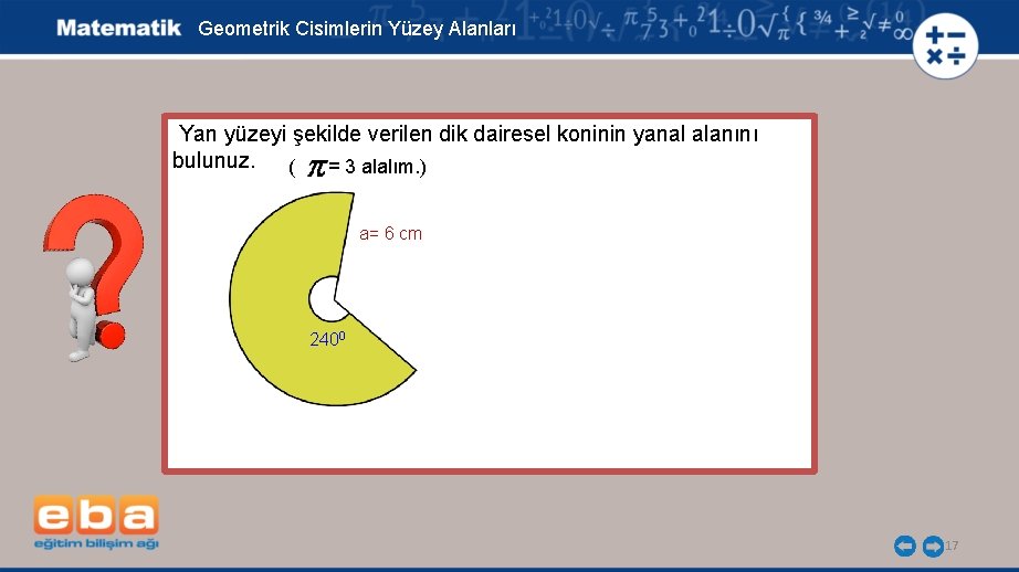 Geometrik Cisimlerin Yüzey Alanları Yan yüzeyi şekilde verilen dik dairesel koninin yanal alanını bulunuz.