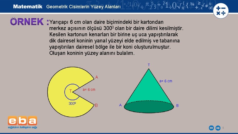 Geometrik Cisimlerin Yüzey Alanları Yarıçapı 6 cm olan daire biçimindeki bir kartondan merkez açısının