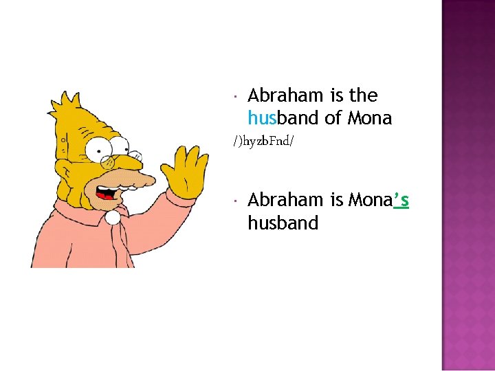 Abraham is the husband of Mona /)hyzb. Fnd/ Abraham is Mona’s husband 