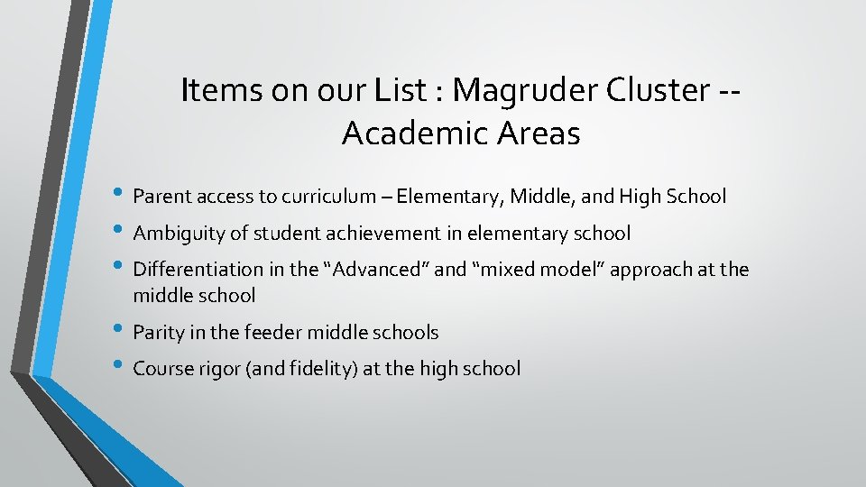 Items on our List : Magruder Cluster -Academic Areas • Parent access to curriculum
