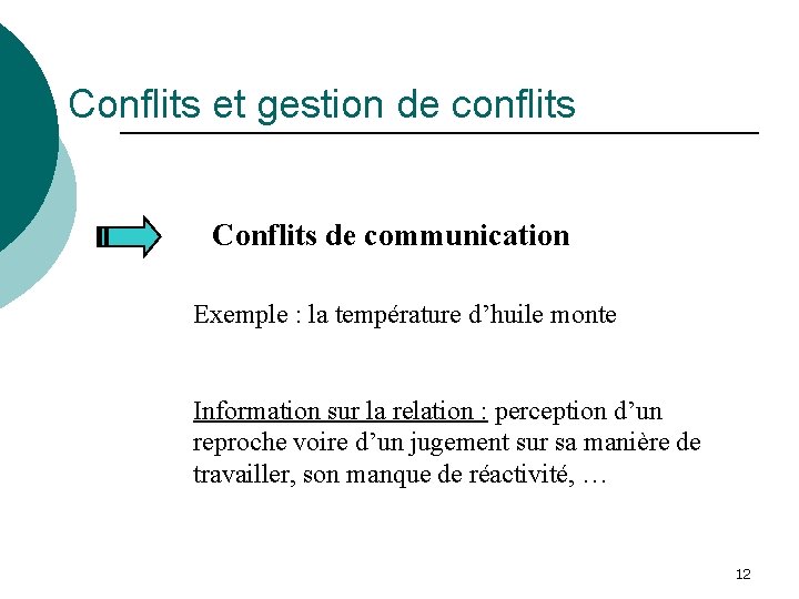 Conflits et gestion de conflits Conflits de communication Exemple : la température d’huile monte