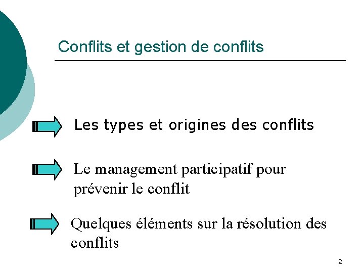 Conflits et gestion de conflits Les types et origines des conflits Le management participatif