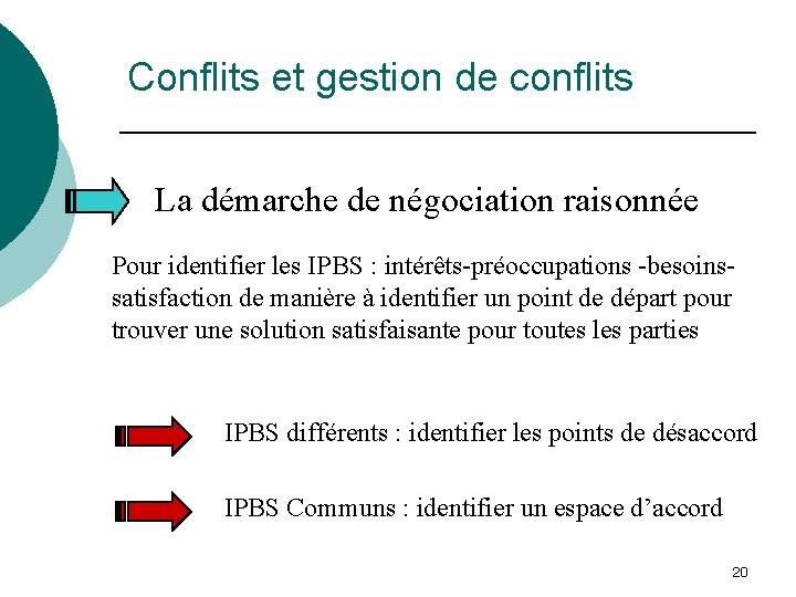 Conflits et gestion de conflits La démarche de négociation raisonnée Pour identifier les IPBS