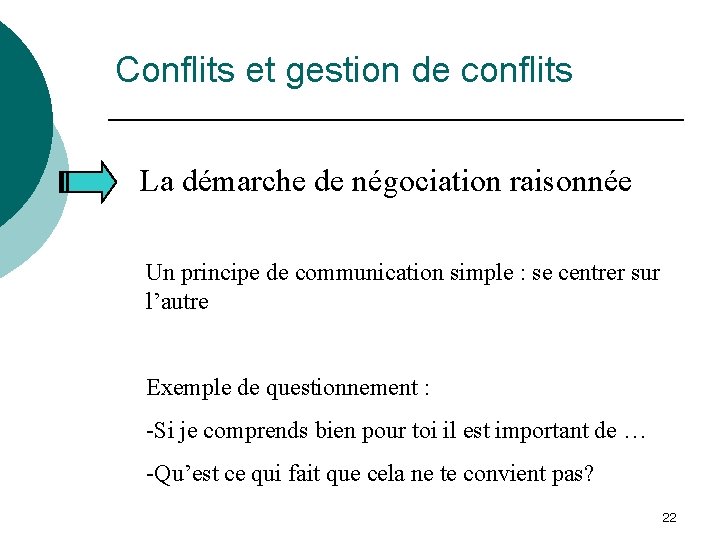 Conflits et gestion de conflits La démarche de négociation raisonnée Un principe de communication