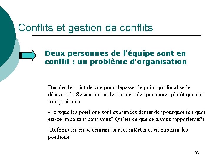 Conflits et gestion de conflits Deux personnes de l’équipe sont en conflit : un