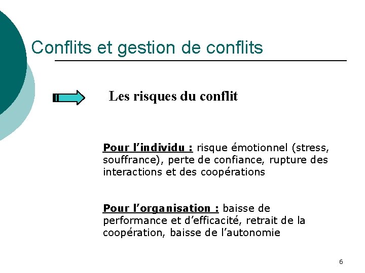 Conflits et gestion de conflits Les risques du conflit Pour l’individu : risque émotionnel