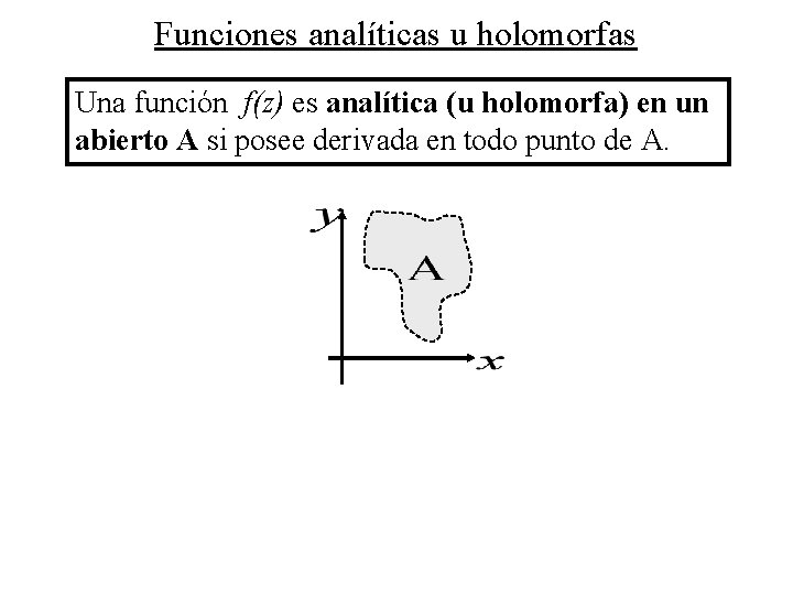 Funciones analíticas u holomorfas Una función f(z) es analítica (u holomorfa) en un abierto