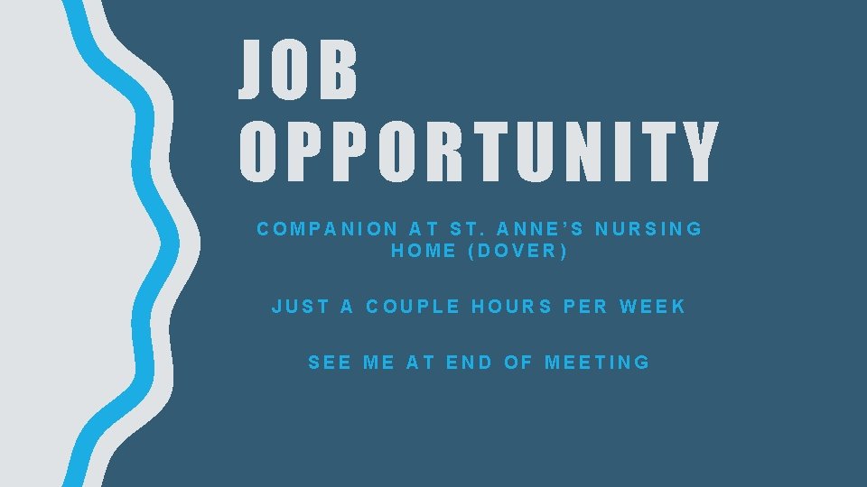 JOB OPPORTUNITY COMPANION AT ST. ANNE’S NURSING HOME (DOVER) JUST A COUPLE HOURS PER