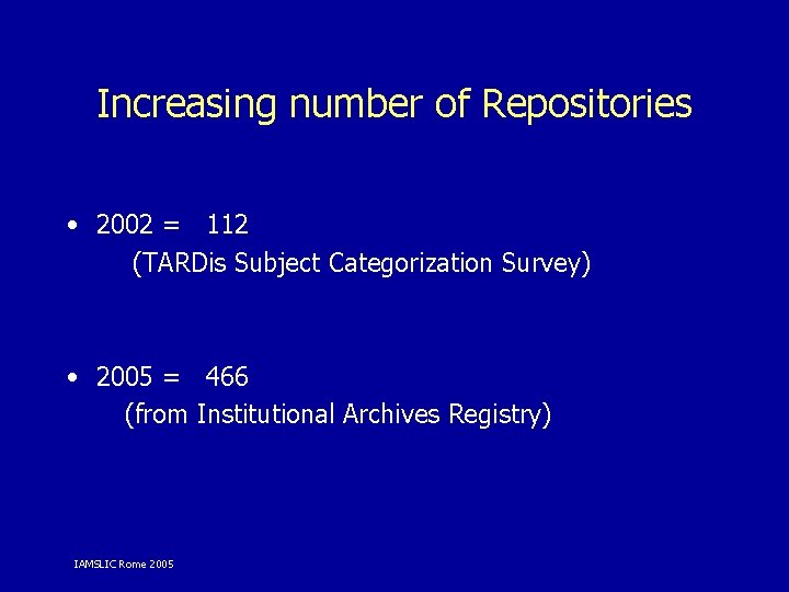 Increasing number of Repositories • 2002 = 112 (TARDis Subject Categorization Survey) • 2005