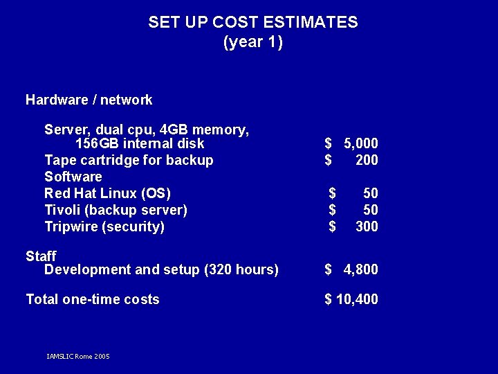 SET UP COST ESTIMATES (year 1) Hardware / network Server, dual cpu, 4 GB