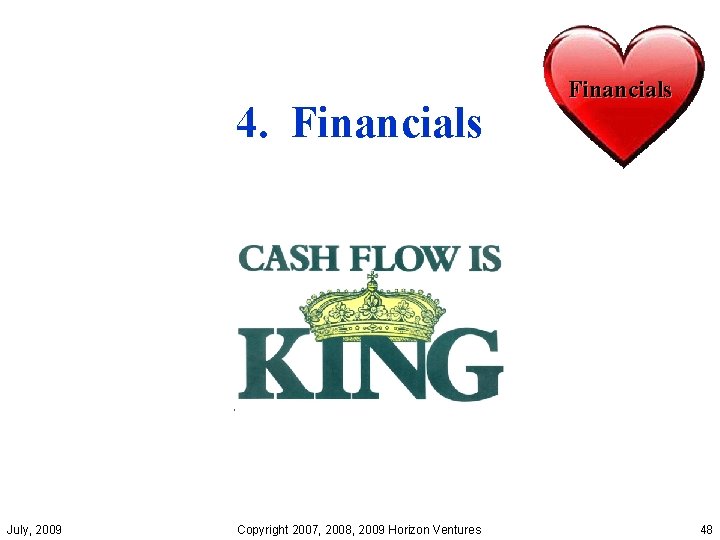 4. Financials July, 2009 Copyright 2007, 2008, 2009 Horizon Ventures Financials 48 