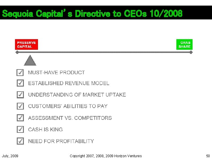Sequoia Capital’s Directive to CEOs 10/2008 July, 2009 Copyright 2007, 2008, 2009 Horizon Ventures