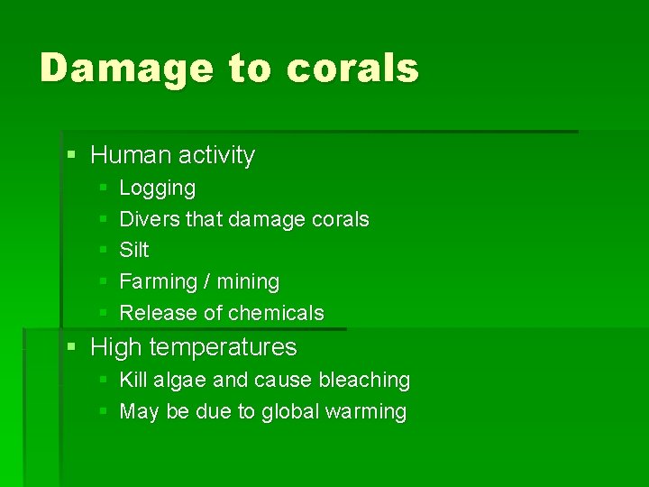 Damage to corals § Human activity § § § Logging Divers that damage corals