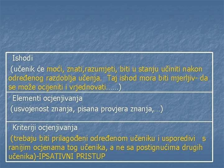 Ishodi (učenik će moći, znati, razumjeti, biti u stanju učiniti nakon određenog razdoblja učenja.