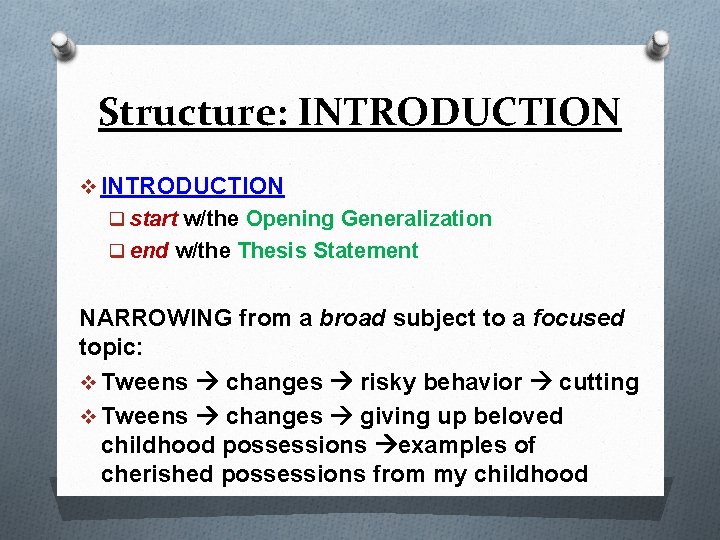 Structure: INTRODUCTION v INTRODUCTION q start w/the Opening Generalization q end w/the Thesis Statement