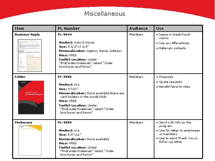 Miscellaneous Item PL Number Audience Use Business Reply PL-8044 Members • Leave in break/lunch