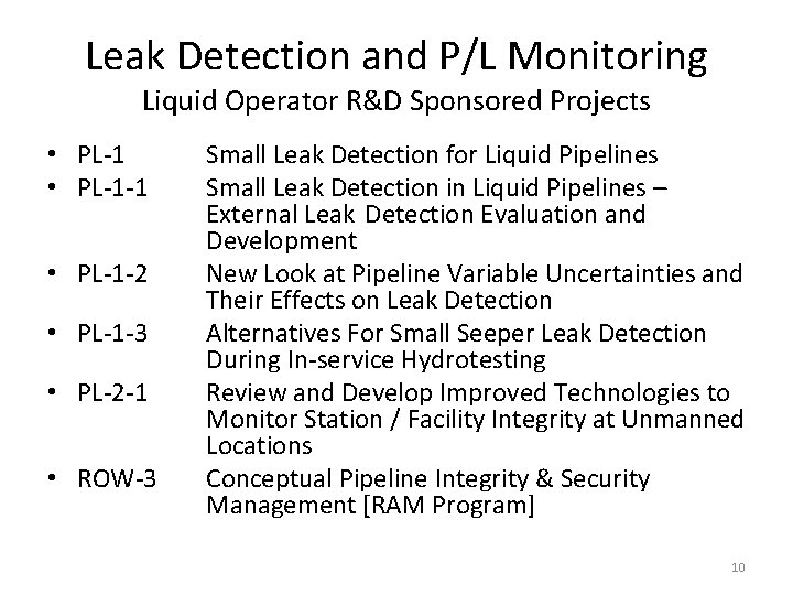 Leak Detection and P/L Monitoring Liquid Operator R&D Sponsored Projects • PL-1 -1 •