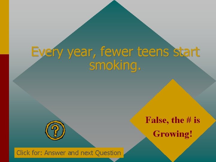 Every year, fewer teens start smoking. False, the # is Growing! Click for: Answer