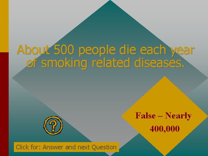About 500 people die each year of smoking related diseases. False – Nearly 400,