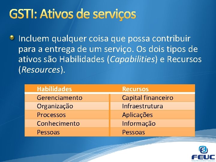 GSTI: Ativos de serviços Incluem qualquer coisa que possa contribuir para a entrega de