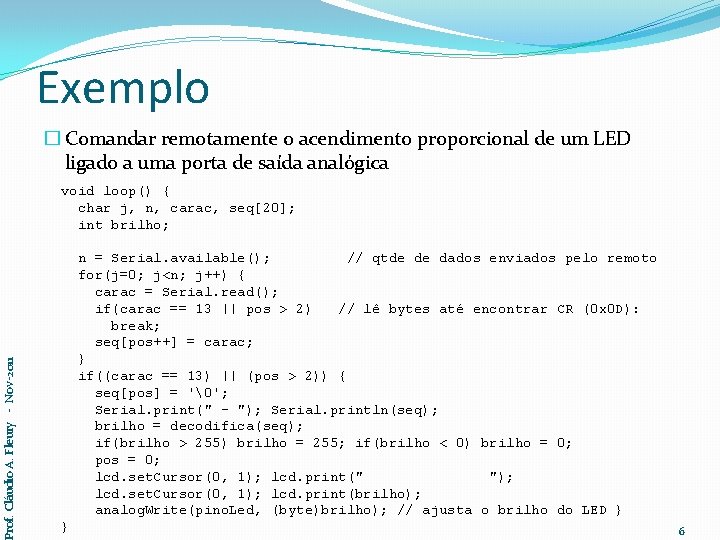 Exemplo � Comandar remotamente o acendimento proporcional de um LED ligado a uma porta