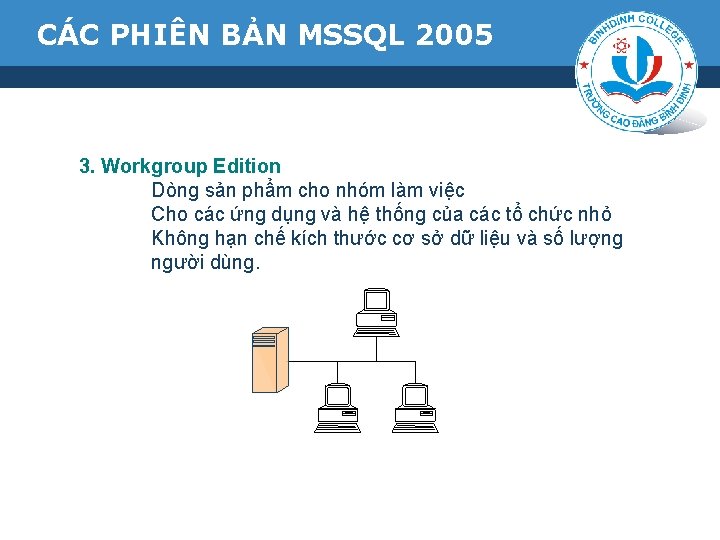 CÁC PHIÊN BẢN MSSQL 2005 3. Workgroup Edition Dòng sản phẩm cho nhóm làm