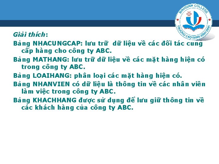 Giải thích: Bảng NHACUNGCAP: lưu trữ dữ liệu về các đối tác cung cấp