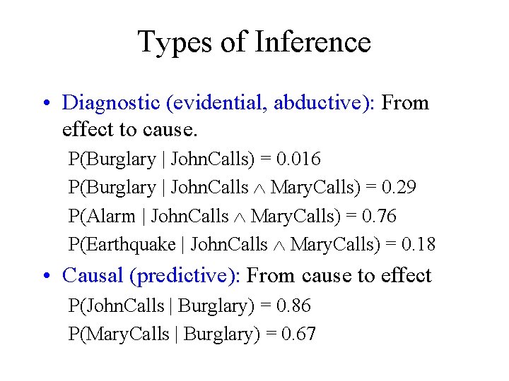 Types of Inference • Diagnostic (evidential, abductive): From effect to cause. P(Burglary | John.