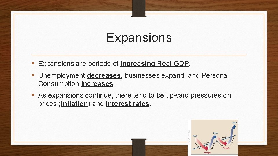 Expansions • Expansions are periods of increasing Real GDP. • Unemployment decreases, businesses expand,