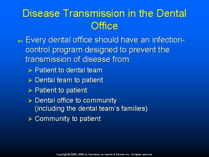 Disease Transmission in the Dental Office Every dental office should have an infectioncontrol program