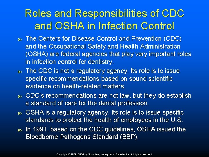 Roles and Responsibilities of CDC and OSHA in Infection Control The Centers for Disease