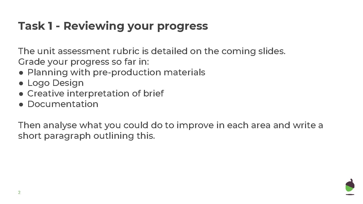 Task 1 - Reviewing your progress The unit assessment rubric is detailed on the