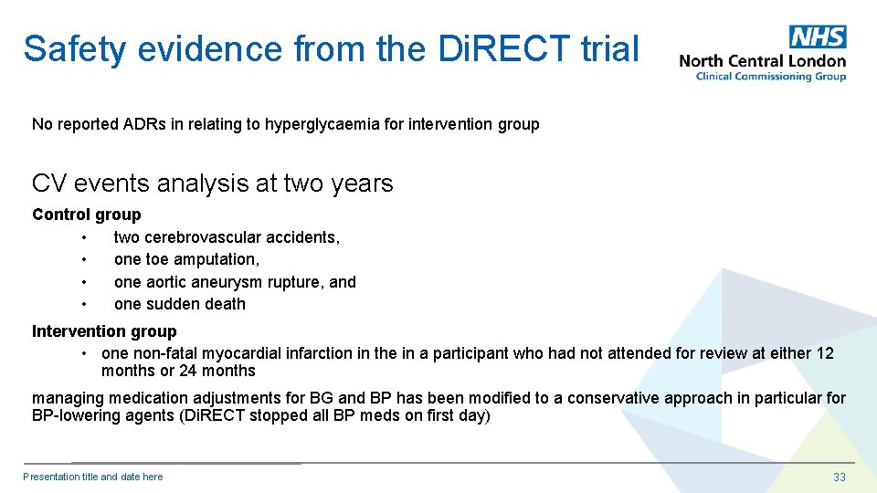 Safety evidence from the Di. RECT trial No reported ADRs in relating to hyperglycaemia