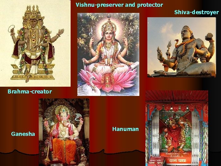 Vishnu-preserver and protector Shiva-destroyer Brahma-creator Ganesha Hanuman Vishnu-preserver and protector Shiva-destroyer Brahma-creator Ganesha Hanuman