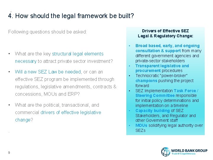 4. How should the legal framework be built? Drivers of Effective SEZ Legal &