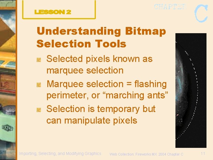 Understanding Bitmap Selection Tools Selected pixels known as marquee selection Marquee selection = flashing