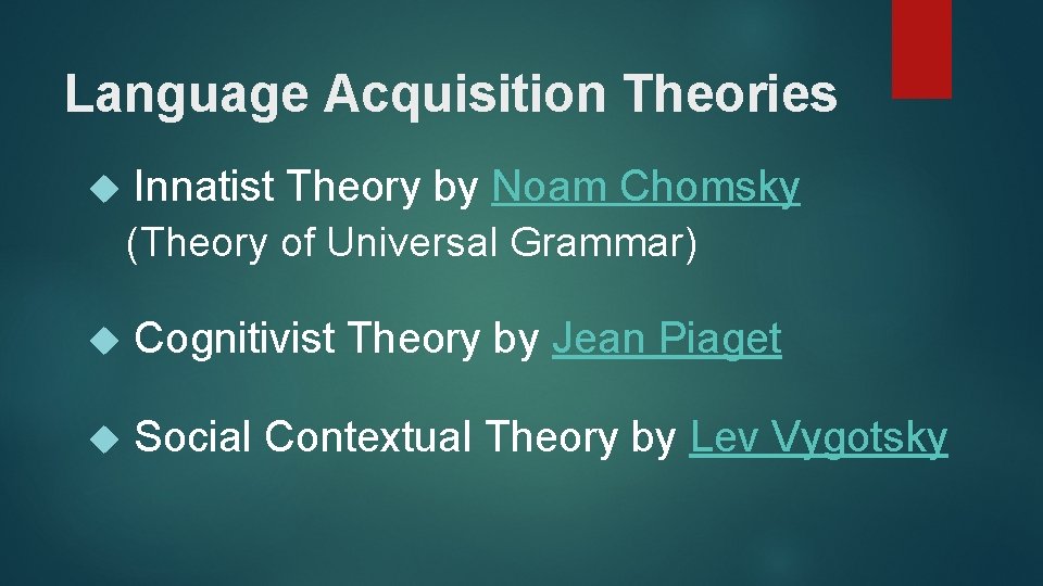 Language Acquisition Theories Innatist Theory by Noam Chomsky (Theory of Universal Grammar) Cognitivist Theory