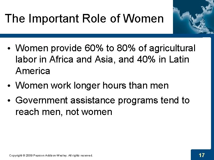 The Important Role of Women • Women provide 60% to 80% of agricultural labor