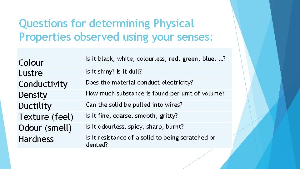 Questions for determining Physical Properties observed using your senses: Colour Lustre Conductivity Density Ductility
