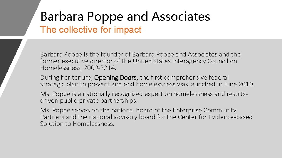 Barbara Poppe and Associates The collective for impact Barbara Poppe is the founder of