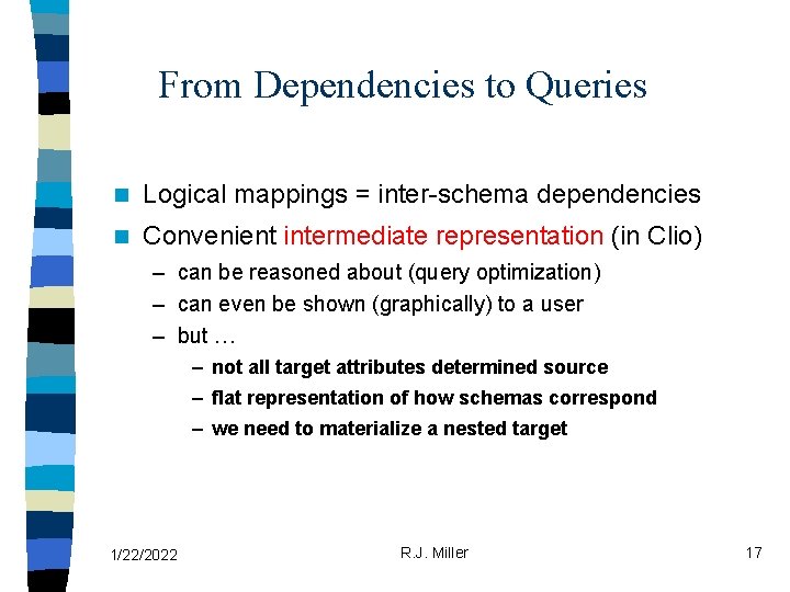 From Dependencies to Queries n Logical mappings = inter-schema dependencies n Convenient intermediate representation