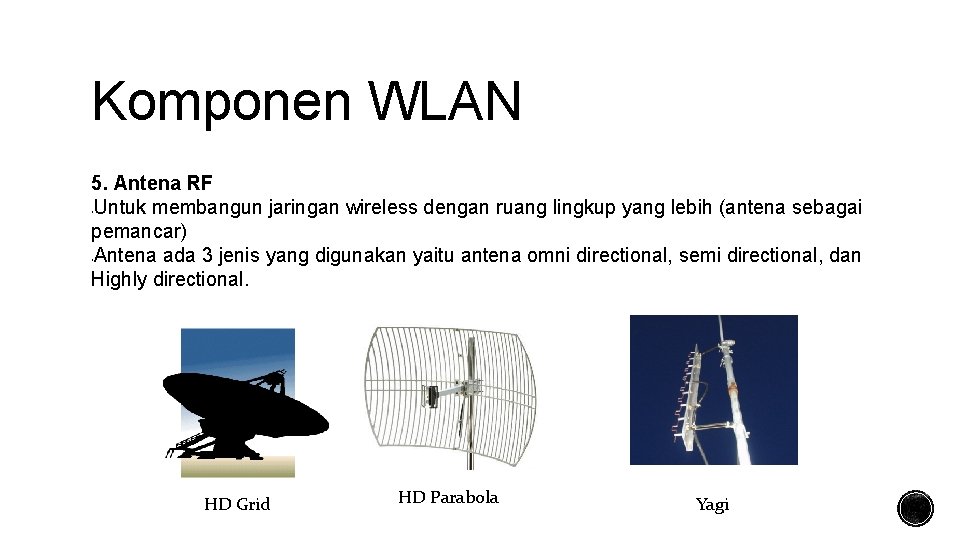 Komponen WLAN 5. Antena RF Untuk membangun jaringan wireless dengan ruang lingkup yang lebih