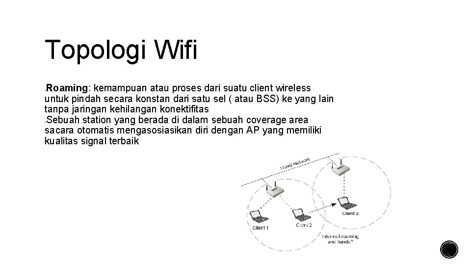 Topologi Wifi Roaming: kemampuan atau proses dari suatu client wireless untuk pindah secara konstan