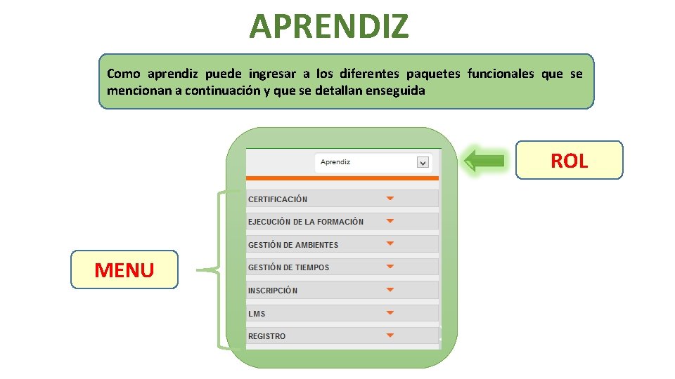 APRENDIZ Como aprendiz puede ingresar a los diferentes paquetes funcionales que se mencionan a