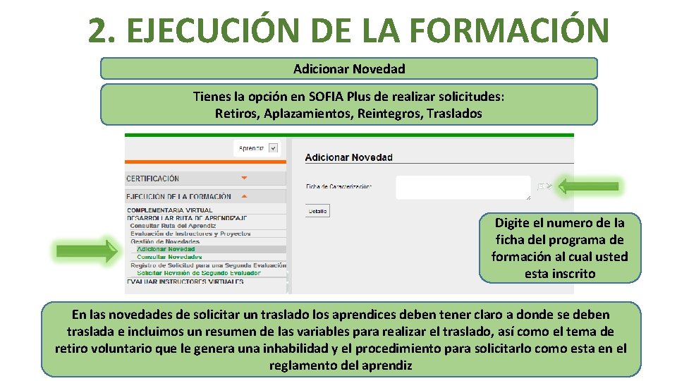 2. EJECUCIÓN DE LA FORMACIÓN Adicionar Novedad Tienes la opción en SOFIA Plus de