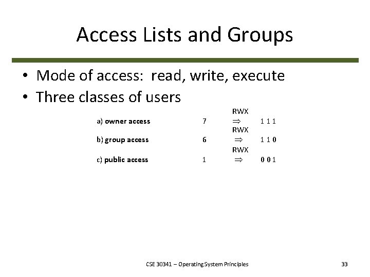 Access Lists and Groups • Mode of access: read, write, execute • Three classes