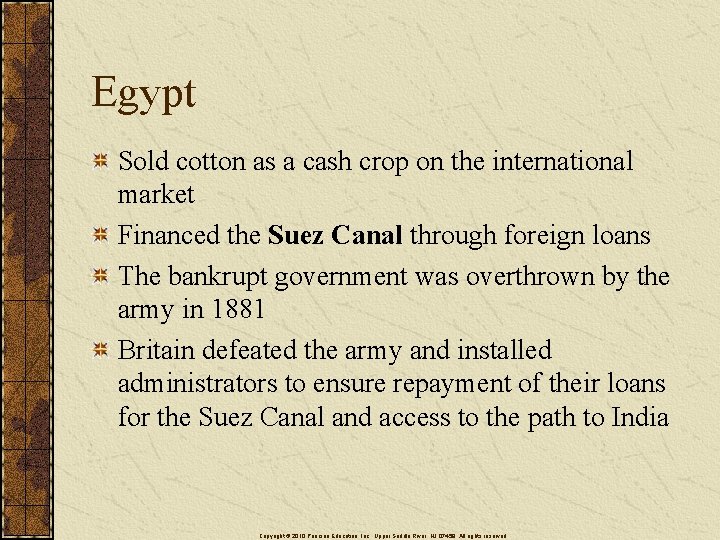 Egypt Sold cotton as a cash crop on the international market Financed the Suez