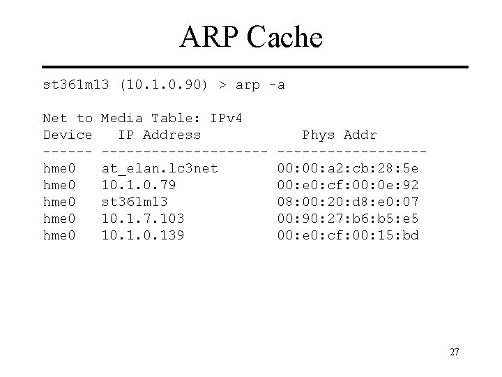ARP Cache st 361 m 13 (10. 1. 0. 90) > arp -a Net